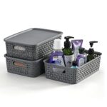 NETANY [ 12 Pack ] Plastic Storage Baskets With Lids, Small Pantry Organization, Stackable Storage Bins, Household Organizers for Cabinets, Countertop, Drawers, Under Sink or On Shelves,Gray