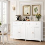 finetones Buffet Cabinet with Storage, 55.1” Large Sideboard Buffet Cabinet, White Kitchen Cabinet Display Cabinet with 2 Drawers and 4 Doors, Wood Coffee Bar Cabinet for Kitchen Dining Room