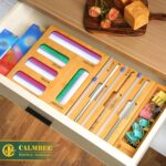 Calmbee 9 IN 1 Storage Bag Organizer for Kitchen Drawer, Bamboo Foil and Plastic Wrap with Cutter, Organizers Compatible Gallon, Quart, Sandwich Snack Size