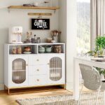 finetones Sideboard Buffet Cabinet with Storage, 47.2″ Large Kitchen Storage Cabinet with 3 Drawers and 2 Glass Doors, Buffet Cabinet Buffet Table Coffee Bar Cabinet for Kitchen, Dining Room, White