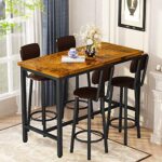 AWQM Bar Table and 4 Chairs Set Industrial Counter Height Pub Table with Bar 5 Pieces Dining Set Home Kitchen Breakfast, PU Upholstered Stools with Backrest, Rustic Brown