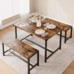 IDEALHOUSE Dining Table Set for 4, Kitchen Table with Benches, Rectangular Dining Room Table Set with 2 Metal Wood Benches, 3 Piece Dining Table Set for Small Space, Apartment, Studio, Rustic Brown
