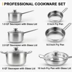 10-Piece Stainless Steel Pots and Pans Set, Kitchen Cookware Sets Nonstick, Induction Pots and Pans, Cooking Set with Glass Lids, Frying Pans & Saucepan Compatible with All Stovetops