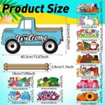 Interchangeable Welcome Sign for Front Door Fall Decor Rustic Blue Farmhouse Truck Hanging Sign with 12 Interchangeable Holiday Icons for Home Porch Housewarming Seasonal Holiday Decor 9.29 x 15.87 In
