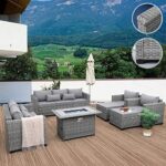 Rattaner Fire Pit Patio Furniture Sets with 45-Inch Couch Outdoor Chairs Table 60000 BTU Wicker Propane, No-Slip Cushions and Waterproof Covers,7-Piece, Grey