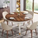 Tribesigns 47 Inches Round Dining Table, Rustic Kitchen Table for 4-6 Person, Dining Room Table with Solid Metal Frame, Vintage Dinner Table for Dining Room, Kitchen, Dark Walnut & White