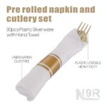 N9R 30 Pack Pre Rolled Gold Plastic Cutlery Set, Wrapped Plastic Silverware Set with 30 Forks, 30 Knives, 30 Spoons and 30 Napkins, Disposable Cutlery Set for Party and Wedding