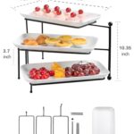 3 Tiered Serving Stand with White Porcelain Platters,Foldable Rectangular 3 Tier Serving Tray,Display Stand Server and 14 Inch Platters for Entertaining, Brithday Party, Valentine’s Day and Events
