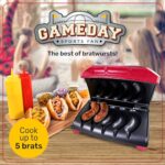 Nostalgia Game Day Sausage and Brat 5 Link Electric Grill with Oil Drip Tray, Carry Handle, and Cord Storage, Cooks Beef, Turkey, Chicken, Veggie Sausages, or Hot Dogs