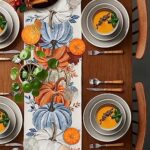 Cotton Linen Table Runner, Fall Thanksgiving Blue White and Orange Pumpkins Table Runner, Stain Resistant Table Runner for Kitchen Dining Banquet Restaurant Home Decorations,