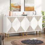 LITTLE TREE White Sideboard Buffet Cabinet, Modern Storage Cabinet with 4 Doors, Cupboard Console Table for Dining Room Living Room
