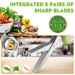 Updated 2023 Herb Scissors Set – Cool Kitchen Gadgets for Cutting Fresh Garden Herbs – Herb Cutter Shears with 5 Blades and Cover, Sharp and Anti-rust Stainless Steel, Dishwasher Safe (Green-White)