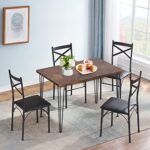 VECELO Kitchen Room Table 5-Piece Modern Metal and Wood Rectangular Breakfast Dinette with Chairs, Retro Blk, Dining Set for 4