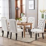 COLAMY Button Tufted Dining Chairs Set of 6, Upholstered Parsons Dining Room Chairs, Fabric Kitchen Side Chair with Nailhead Trim and Wood Legs, Beige