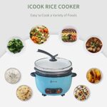 ICOOK 3-Cup Uncooked 6-Cup Cooked Blue Rice Cooker 0.6L Grains,Oatmeal,Cereals Cooker,Rice Warmer Steamer,Small Mini Rice Cooker,Removable Nonstick Pot,Full View Glass Lid,Blue