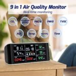 Air Quality Monitor Indoor 9 in 1 Air Quality Meter Portable CO2 Monitor Formaldehyde Detector VOC Sensor AQI Index PM2.5 PM10 and Humidity Temp & Time Air Monitor Test Kit