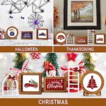 Tiered Tray Decor for Halloween/Thanksgiving/Christmas, Interchangeable Holiday Buffalo Plaid Wood Signs Farmhouse Decor – Rustic Wooden Decor for Halloween Thanksgiving Christmas Decorations