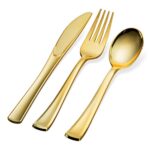160 Silverware Set – Plastic Cutlery Set – Disposable Flatware – 80 Plastic Forks, 40 Plastic Spoons, 40 Cutlery Knives Heavy Duty Silverware for Party Bulk Pack (Gold)