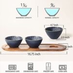 Wareland Small Serving Bowls & Wooden Tray, Chip and Dip Serving Set, Serving Dishes for Entertaining, 11oz Ceramic Salsa Bowls & Appetizer Serving Tray, Dipping Bowls for Condiment, Snack, Navy Blue