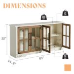 AMERLIFE 63″ Buffet Sideboard Cabinet with Storage, Modern Farmhouse Cabinet with 4 Glass Doors & Adjustable Shelf, Wood Buffet Table Cabinet for Kitchen Dining Room Living Room, White