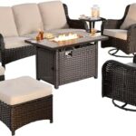 Outdoor Swivel Rocking Chairs Patio Furniture Set with 50,000 BTU Rectangular Propane Fire Pit Table 7 Pieces High Back Conversation Sofa and Matching Side Table