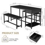 Gyfimoie Dining Table Set for 4-6 People, 54.7″ Kitchen Dinner Table with 2 Bench, Dining Room Table Set with Storage Drawer & Shelf, 3-Piece Breakfast Nook Table with Wine Rack &Glass Holder (Black)