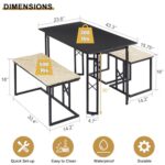 VECELO 43.3″ Farmhouse Dining Table Set for 4 with 3 Benches KnotCushions&Adjustable Feets, Space-Saving/Sturdy/Industrial, Metal Frame Dinette for Breakfast Nook and Home, Black, 43.3in