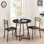 VECELO 3 Piece Kitchen Dining Room Set, Wood Round Table for Breakfast Nook Small Space, Dinette with 2 Cushioned Chairs, Matte Black
