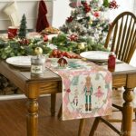 Artoid Mode Pink Diamond Plaid Nutcracker Snowflake Christmas Table Runner, Seasonal Winter Kitchen Dining Table Decoration for Home Party Decor 13×48 Inch
