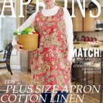 APRONNER Big Plus Size Aprons for Women with Pockets Cotton Linen Baking Kitchen Cooking Red Flowers