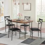 VECELO 5-Piece Set for Home Kitchen Breakfast Nook, with 4 Chairs, Black, Dining Table for 4, Retro Brown