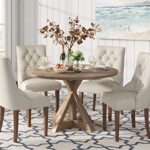 Finch Alfred Round Solid Wood Rustic Dining Table for Farmhouse Kitchen Room Decor, Wooden Trestle Pedestal Base, 46.5″ Wide Circular Tabletop, Distressed Beige, 47 in x 47 in x 29.2 in