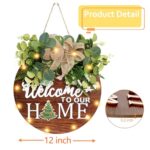 Interchangeable Welcome Sign for Front Door with 14 Changeable Icons, Farmhouse Front Porch Decor Rustic Wooden Wall Sign with LED Lights, Porch for Spring Summer Fall All Seasons Holiday Christmas