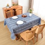 Veblandy Rustic Tablecloth Embroidered Linen Tablecloths with Tassels Farmhouse Dining Table Cover for Kitchen Wrinkle Free Table Cloth for Rectangle Tables, 55″x86″, 6-8 Seats, Blue