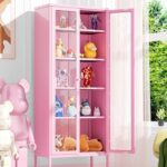 Greenvelly Metal Storage Cabinets, Display Glass Storage Cabinet with Doors and Shelves. Tall Bookshelf Curio Storage Cabinet, Bookcase Cabinet for Home Bedroom Living Room(Tempering Glass)