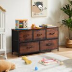 Sweetcrispy Dresser for Bedroom with 5 Fabric Drawers, Small Chest Storage Tower, Organizer Units for Clothing Closet, Kidsroom Furniture, Steel Frame, Wood Top, Lightweight Quick Assemble Cabinet