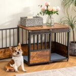 KOOPRO 32 Inch Dog Crate Furniture with Cushion for Large Medium Dogs, Wooden Heavy Duty Dog Kennel with Double Doors, Decorative Pet House Dog Cage Side End Table Indoor, Sliding Door Chew-Resistant