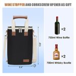 2 Bottle Wine Tote Carrier, Insulated Waxed Canvas Padded Wine Cooler Bag for Travel, Party, Beach, Weeding, Best Gift for Wine Lover, Portable Wine Tote Bag with Corkscrew Opener and Cork (Black)