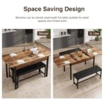 Halitaa 3-Piece Dining Table Set for 4-8, Kitchen Table Set with Metal Frame & Wooden Board?63″ Extendable Dining Room Table Set with Drawer and 2 Upholstered Benches (Rustic Brown)