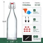 8 Pack [1 Liter / 33 fl. oz.] Swing Top Glass Bottles w/ Airtight Stopper Lids – Flip Top Brewing Bottle for Fermentation, Kombucha, Mead, Vinegar, Beer, Kefir, Wine – With 8 Extra Seals & 2 Pourers