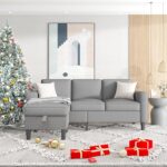 ZeeFu Convertible Sectional Sofa Couch,Light Grey Linen Fabric Modern Upholstered 3-Seat L-Shaped Sofa Furniture Set with Reversible Storage Ottoman and Pockets for Living Room Small Space Apartment