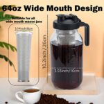 Cold Brew Mason Coffee Maker – 64oz Iced Coffee Pitcher with Stainless Steel Mixing Spoon & Super Dense Filter 3 Steps Finish Cold Brew Coffee, Classic BPA Free Sturdy Mason jar Pitcher Easy to Clean