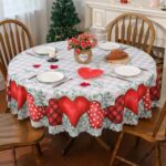 Valentines Day Tablecloth, Valentines Day Decorations for Home Sweet Valentines Day Decor Happy Valentines Day Table Cover Seasonal Scallop Edge Table Cloth Table Decorations (60” x 60” Round)