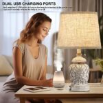 Fullarge 19.5″ Vintage Rustic Table Lamp Set of 2 Farmhouse Table Lamps for Living Room Bedroom Decor with USB Ports Traditional Carved Floral White Bedside Night Light Lamps with Pull Chain Switch