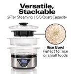 Hamilton Beach Digital Electric Food Steamer & Rice Cooker for Quick, Healthy Cooking for Vegetables and Seafood, Stackable Two-Tier Bowls, 5.5 Quart, Black & Stainless Steel