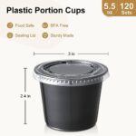 AOZITA 120-5.5 oz Black Portion Cups, Small Plastic Containers with Lids, Airtight and Stackable Souffle Cups, Salad Dressing Container, Sauce Cups, Condiment Cups for Lunch, Party to Go, Trips