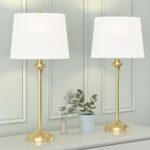 HIGHTRY Modern Buffet Lamps Set of 2 for Living Room, 26″ Tall Industrial Nightstand Table Lamp, Metal Bedside Light with White Fabric Shade for Dining Room, Bedroom, Office(Brass Gold