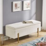Ball & Cast Storage Ottoman Benches, Velvet Upholstered Bench for Bedroom Entryway 42″, Gold & Cream