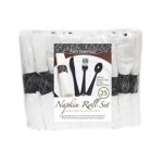 Party Essentials Pre-Rolled Disposable Extra Heavy Duty Plastic Cutlery Kit with Black Fork/Knife/Spoon and 3-Ply White Napkin (Case of 100 rolls)