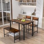 Giantex Dining Table Set for 4, Kitchen Table w/ 2 Chairs & 1 Bench, Industrial Gathering Bench Dinette Set W/Metal Frame & Storage Rack (Coffee)